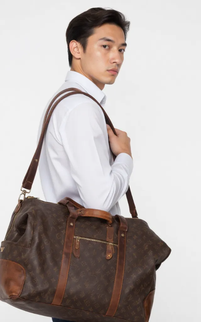 A French male model with a Duffle bag, wearing a shirt, against a white background, in a front   facing close   up